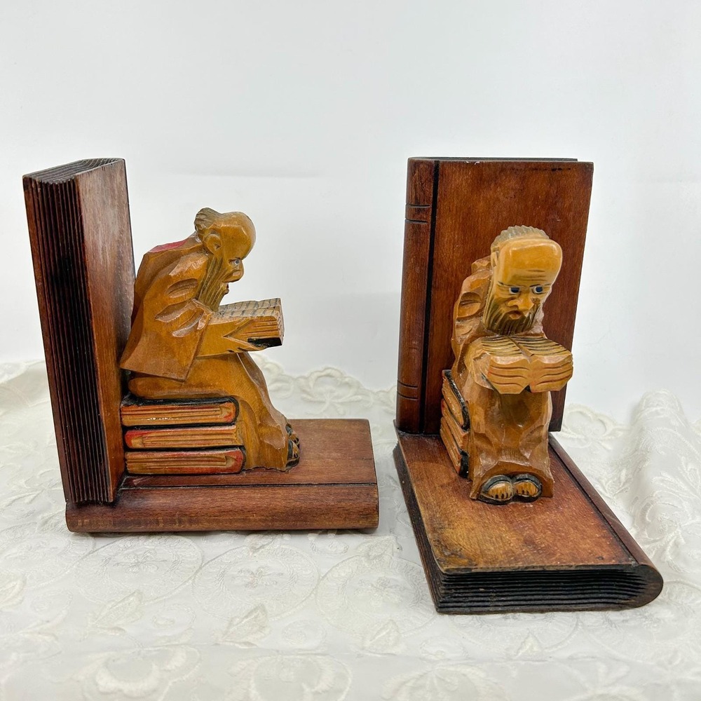 Vintage Wooden Monk Carved Bookends Reading Monks Library Academia Style Office